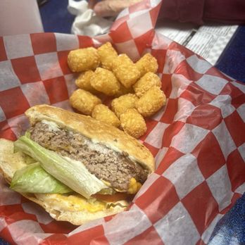 Billy Bob's Dairyland - 1/2 of the 1/2Lb Cheeseburger with Tater Tots - Burgers Near Me - Branson, Missouri
