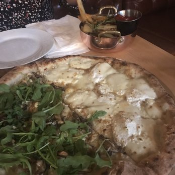The Grounds of Brooklyn - Three cheese/ Misti mushroom pizza. Hand-cut fries in the back - New American Near Me - Brooklyn, New York