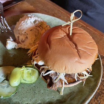 Hunter’s Kitchen & Bar - Brisket sandwich with potato salad and pickles - Bars Near Me - Boston, Massachusetts