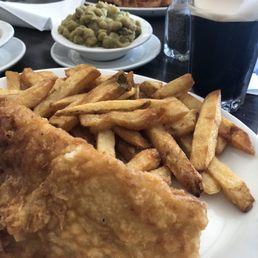 Haddock, chips, mushy peas and a small Guinness.