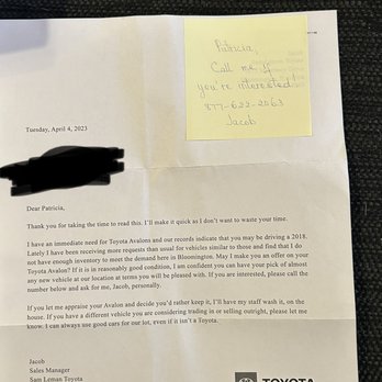 Sam Leman Toyota Bloomington - And this is the note that brought us into Sam Leman they will not be receiving my business ever again - Car Dealers Near Me - Bloomington, Illinois Sam Leman Toyota Bloomington - And this is the note that brought us into Sam Leman they will not be receiving my business ever again - Car Dealers Near Me - Bloomington, Illinois