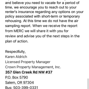 Crown Property Management - Crown Property Management Email Response Minimizing Mold Exposure and Ignoring Privacy and Retaliation Complaint - Property Management Near Me - Salem, Oregon