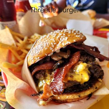 Burger District LA - Threefle burger  3 beef patties, American cheese, truffle mushrooms,  caramelized onions and truffle aioli - Burgers Near Me - Los Angeles, California