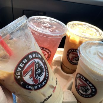 7 Brew Coffee - Left: Funnel Cake Macchiato, Fruit Roll Up -- 7energy (back left) Right: Caramel Macchiato chiller, Iced Blondie (back right) - Coffee & Tea Near Me - Newport News, Virginia 7 Brew Coffee - Left: Funnel Cake Macchiato, Fruit Roll Up -- 7energy (back left) Right: Caramel Macchiato chiller, Iced Blondie (back right) - Coffee & Tea Near Me - Newport News, Virginia