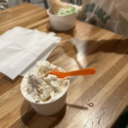 Orange Octopus - Mint Chocolate Chip in the background and a super flavorful Toasted Coconut front and center.
