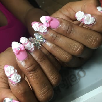 Classy Nail Spa - Lani's creation: Hello Kitty bows, 3D flowers on 4 fingers, rhinestones on the rest. Playing. No. Games! - Nail Salons Near Me - Alameda, California