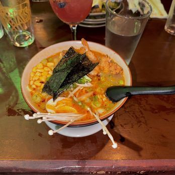 Rosewood Kitchen - Ramen, a mix of spicy miso, black garlic, and spicy sesame tonkotsu with added marinaded fried chicken & some chili oil concoction - Ramen Near Me - Oceanside, California Rosewood Kitchen - Ramen, a mix of spicy miso, black garlic, and spicy sesame tonkotsu with added marinaded fried chicken & some chili oil concoction - Ramen Near Me - Oceanside, California