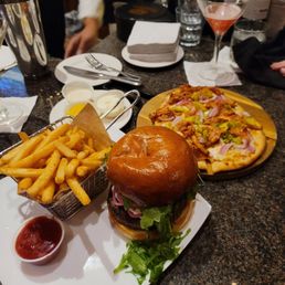 Flatbread bbq chicken pizza and wagyu burger with fries