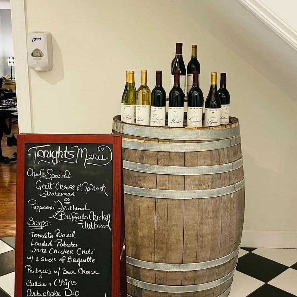Creekstone Winery - a barrel of wine and a chalkboard sign - Wine Tasting Room Near Me - Sautee Nacoochee, Georgia Creekstone Winery - a barrel of wine and a chalkboard sign - Wine Tasting Room Near Me - Sautee Nacoochee, Georgia