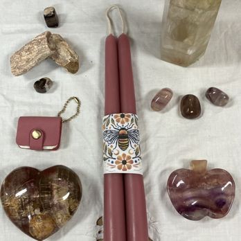 Inner Light Crystals - Golden and pink Fluorite for a calm, balanced mind and clear focus. Petrified wood for strength, motivation and endurance. Light your way! - Spiritual Shop Near Me - Santa Rosa, California