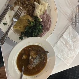 Matooke, rice, green and fish. Matooke, rice, green and fish.