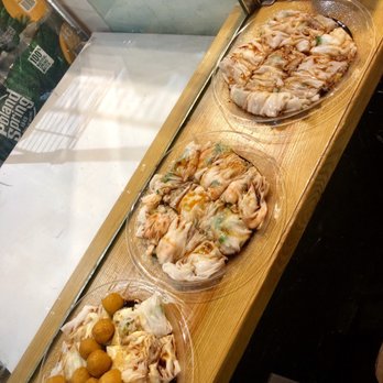 Joe's Steam Rice Roll - L2R: Curry Fish Ball, Shrimp, and Roast Pork. - Dim Sum Near Me - Flushing, New York