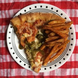 a slice of pizza and french fries