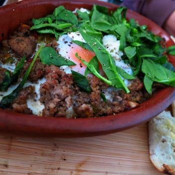 Le Cafeier - Lamb Mince, Mushroom, Capsicum, Eggplant, Spinach, Feta aka Breakfast in a Clay Pot with Fried Eggs and Turkish Bread - Breakfast & Brunch Near Me - Balmain, NSW Le Cafeier - Lamb Mince, Mushroom, Capsicum, Eggplant, Spinach, Feta aka Breakfast in a Clay Pot with Fried Eggs and Turkish Bread - Breakfast & Brunch Near Me - Balmain, NSW