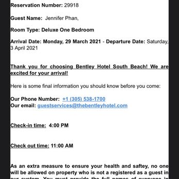 Bentley Hotel South Beach - Emails from the hotel a few days before our arrival - Hotels Near Me - Miami Beach, Florida