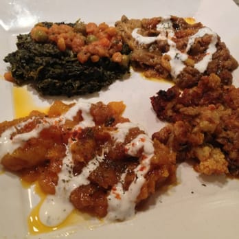 Kabul House - Vegetarian platter, $12, clockwise: spinach w lentils, eggplant, cauliflower & tomatoes, pumpkin w honey and yogurt mint sauce - Afghan Near Me - Evanston, Illinois Kabul House - Vegetarian platter, $12, clockwise: spinach w lentils, eggplant, cauliflower & tomatoes, pumpkin w honey and yogurt mint sauce - Afghan Near Me - Evanston, Illinois