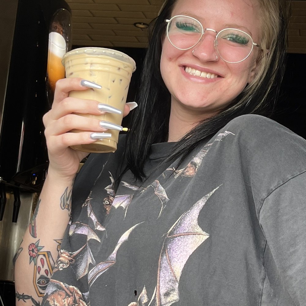 Here is Sydney at drive-thru window holding my caramel blondie