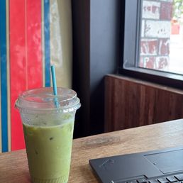 Iced matcha latte with oat milk and vanilla syrup Iced matcha latte with oat milk and vanilla syrup