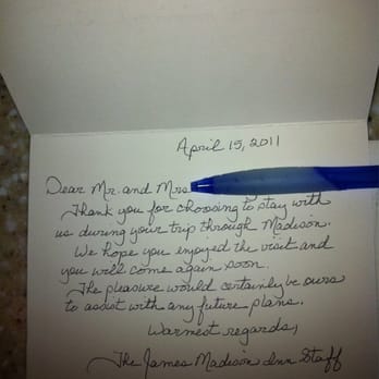 The James Madison Inn - Handwritten Thank you received the Monday following our Thursday stay - Hotels Near Me - Madison, Georgia The James Madison Inn - Handwritten Thank you received the Monday following our Thursday stay - Hotels Near Me - Madison, Georgia