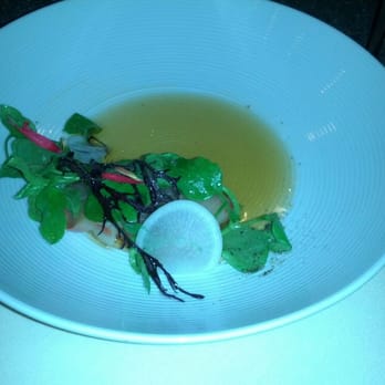 Michael Warring - Hamachi with soy marin dashi, shoots, greens and flowers. - New American Near Me - Vallejo, California Michael Warring - Hamachi with soy marin dashi, shoots, greens and flowers. - New American Near Me - Vallejo, California