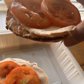 5th Ave Bagelry - Onion Bagel with Strawberry Cream Cheese Added turkey and tomato (weak) - Bagels Near Me - Long Beach, California