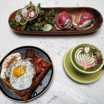 Outro - Maple bacon & egg waffle / Eggs Benedict / Matcha Rose Latte - Cafes Near Me - New York, New York