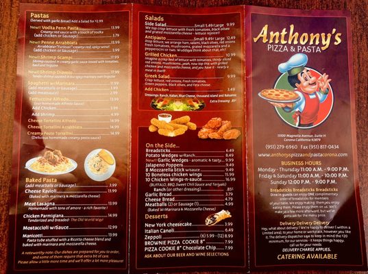 Menu photo 1 Anthony's Pizza & Pasta Corona, CA Menu photo 1 Anthony's Pizza & Pasta Corona, CA