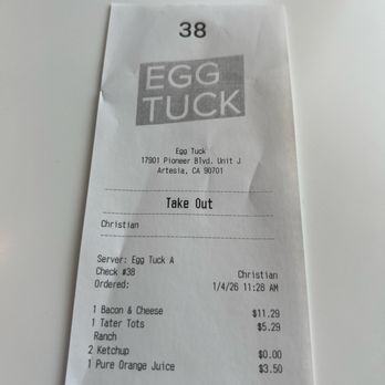 Egg Tuck - Receipt - Coffee & Tea Near Me - Artesia, California Egg Tuck - Receipt - Coffee & Tea Near Me - Artesia, California
