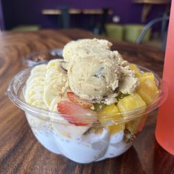 Coconut sorbet with chocolate chips cookies dough topping