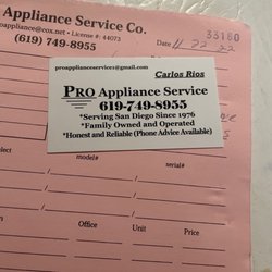 Pro Appliance Service - Business card. Pro tip- save this as a contact in your phone for future reference ;)