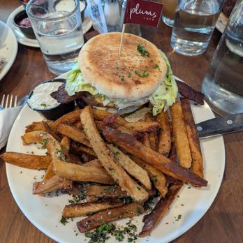Plums Cafe - The Hangover Burger with fries - Breakfast & Brunch Near Me - Costa Mesa, California Plums Cafe - The Hangover Burger with fries - Breakfast & Brunch Near Me - Costa Mesa, California