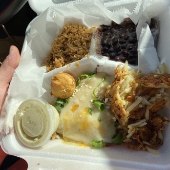 Little Carmen's - Breakfast enchilada, rice, beans, and corn muffin. - Mexican Near Me - Norwell, Massachusetts Little Carmen's - Breakfast enchilada, rice, beans, and corn muffin. - Mexican Near Me - Norwell, Massachusetts