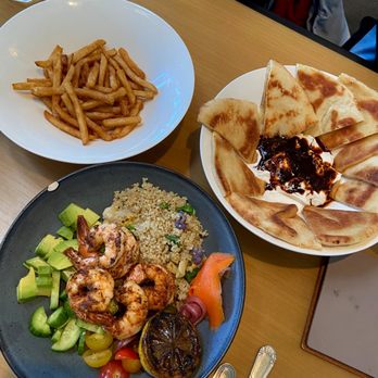 The Cottage La Jolla - Quinoa bowl w/shrimp, fries and forgot the last dish but it was like pita and greek yogurt (all very good) - New American Near Me - La Jolla, California The Cottage La Jolla - Quinoa bowl w/shrimp, fries and forgot the last dish but it was like pita and greek yogurt (all very good) - New American Near Me - La Jolla, California