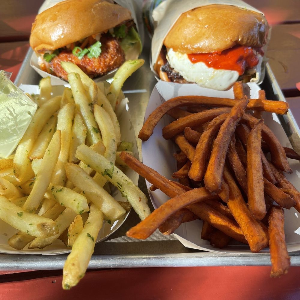 Gott's St. Helena - Crispy Teriyaki Chicken Kimchi Burger Garlic Fries Sweet Potato Fries - Burgers Near Me - Saint Helena, California Gott's St. Helena - Crispy Teriyaki Chicken Kimchi Burger Garlic Fries Sweet Potato Fries - Burgers Near Me - Saint Helena, California