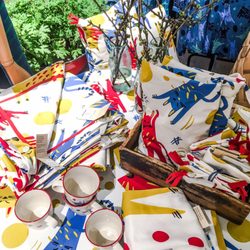 Gudrun Sjödén Gamla Sta'n - Gudrun goes cat crazy, february 2017 - table cloth, curtains, cushion, fabrics and mugs
