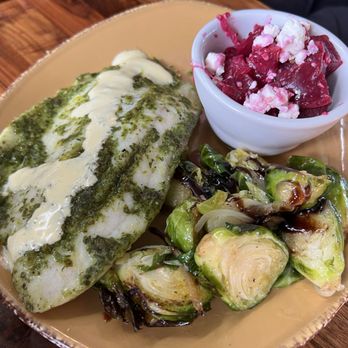 Urban Plates - Roasted Barramundi Sea Bass with beet salad & balsamic Brussels sprouts - New American Near Me - La Jolla, California