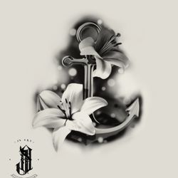 Meliodas Tattoo - Watercolor charcoal black and gray anchor lily flower