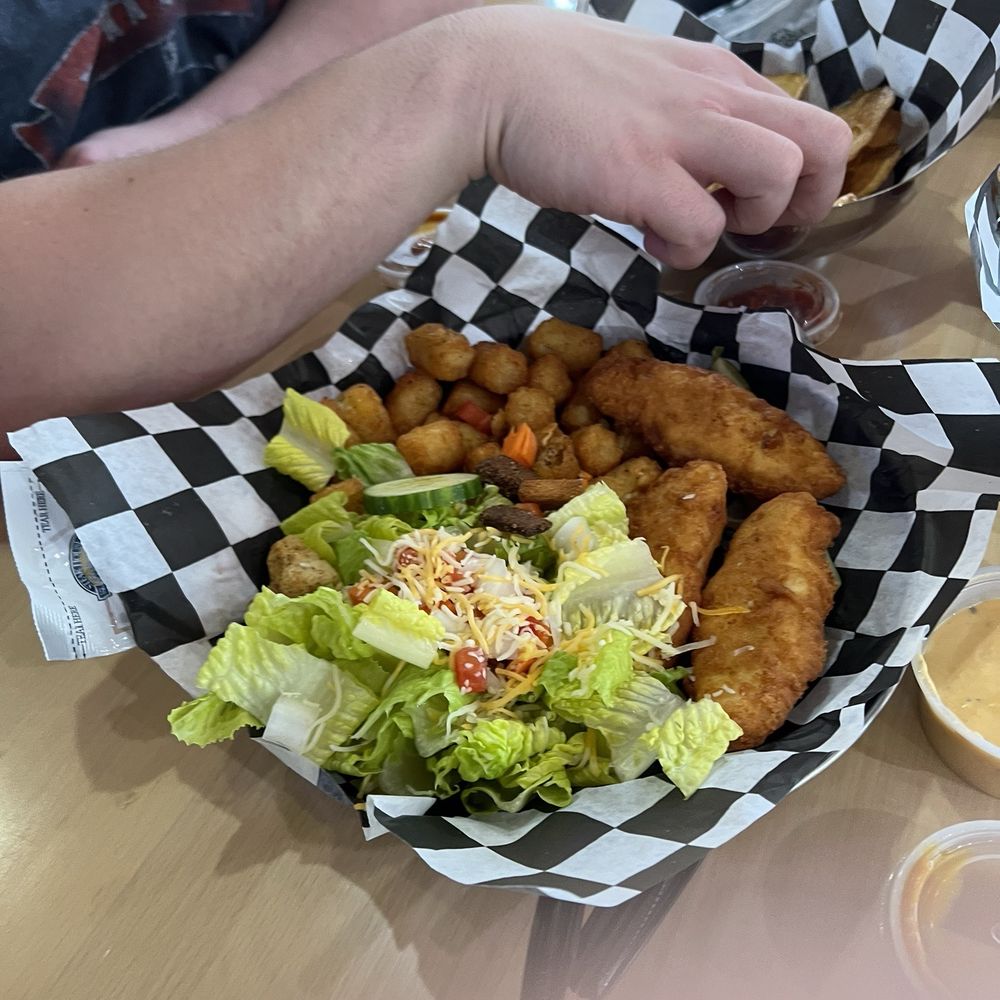 Alpine Brew Deck - Three chicken tenders with tots and a side salad - Sports Bars Near Me - Helen, Georgia Alpine Brew Deck - Three chicken tenders with tots and a side salad - Sports Bars Near Me - Helen, Georgia
