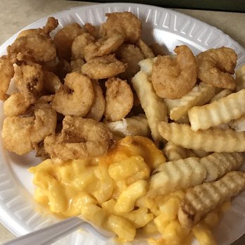 White Swan Bar-B-Que & Fried Chicken - Shrimp platter with fries and Mac n cheese. - Barbeque Near Me - Smithfield, North Carolina