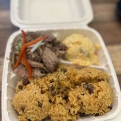 Linden Rotisserie - Roasted Pork 8oz. - Pernil Asado Arroz con Gandules Yellow Rice & Pigeon Peas Potato Salad