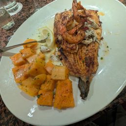 Trout and shrimp with lemon butter sauce and butternut squash. Rainbow Trout & Jumbo Crab Trout and shrimp with lemon butter sauce and butternut squash. Rainbow Trout & Jumbo Crab