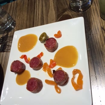 Bottle + Kitchen - Chinese sausage "pigs in a blanket" with pickled peppers and mustard - American Near Me - Portland, Oregon Bottle + Kitchen - Chinese sausage "pigs in a blanket" with pickled peppers and mustard - American Near Me - Portland, Oregon