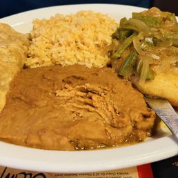 Potato taco, Chiles Rellenos, refried beans & rice.