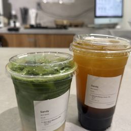Earl Grey Matcha Latte & Passion Mango Green Tea w/ boba Earl Grey Matcha Latte & Passion Mango Green Tea w/ boba