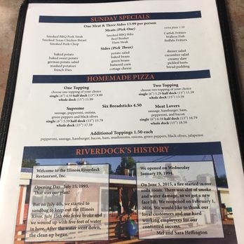 Illinois Riverdock Restaurant - Menu Sunday Special and Pizza Plus read their story!! - New American Near Me - Hardin, Illinois