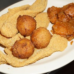 Blue Ribbon Diner - Fried catfish with homemade hush puppies and yam