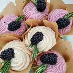 Crafted Cookies and Confections - Lemon cupcakes with blackberry basil frosting. Almond cupcakes with Earl Grey frosting.