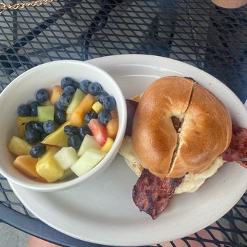 Cafe at The Mill - Bagel breakfast sandwich with turkey bacon and fruit bowl - Breakfast & Brunch Near Me - Sellersville, Pennsylvania
