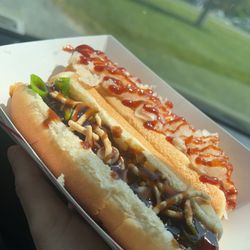 Mark's Hotdogs - Asian dog, dog w/kraut onions & honey bbq.