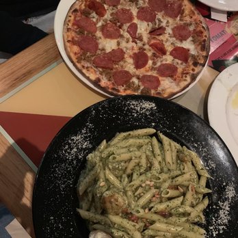 Scarpas - Pepperoni and sausage garlic pizza and pesto pasta with shrimp scampi - Pizza Near Me - Albuquerque, New Mexico
